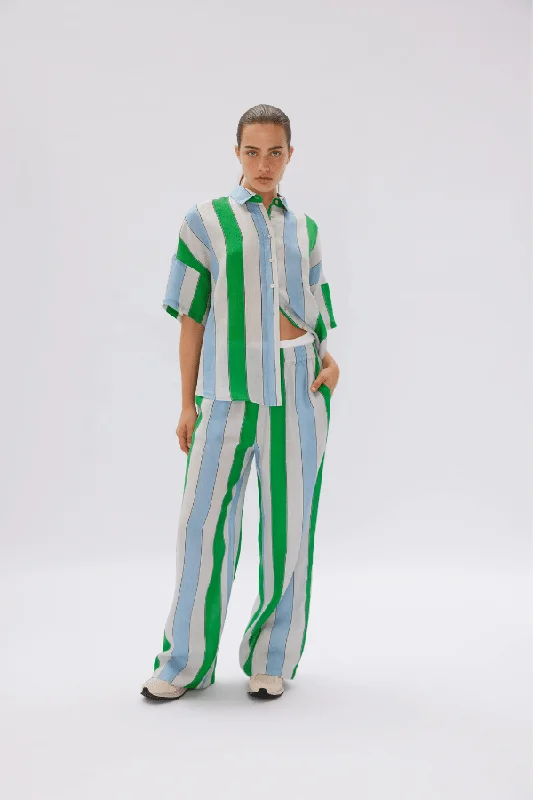 Marala Short Sleeve Linen Shirt Stripe Verde/Azure