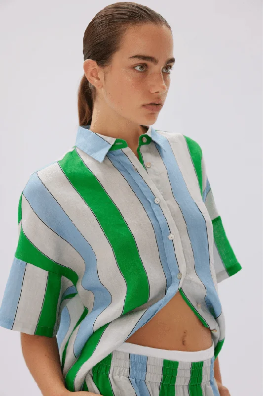 Marala Short Sleeve Linen Shirt Stripe Verde/Azure