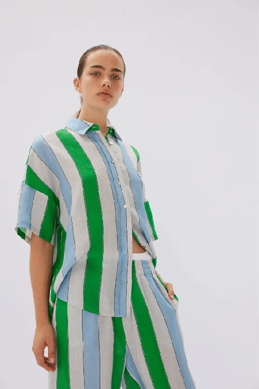 Marala Short Sleeve Linen Shirt Stripe Verde/Azure