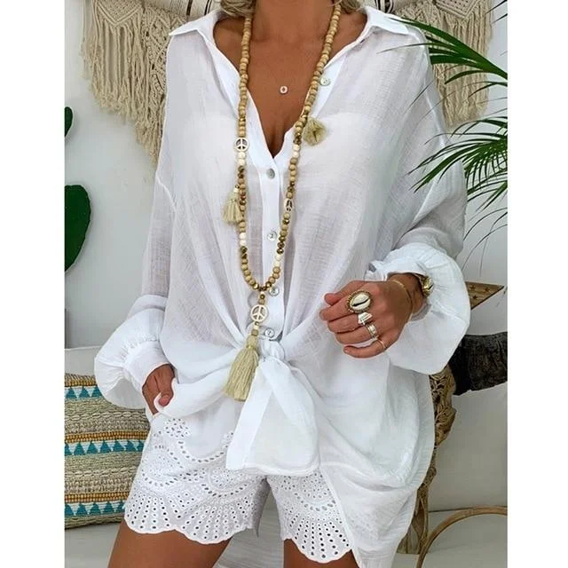 Loose Long Sleeve Turn Down Collar Tunic Blouse