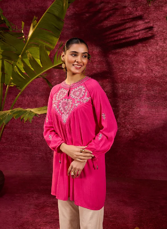 Malti Deep Fuchsia Embroidered Striped Viscose Rayon Top For Women