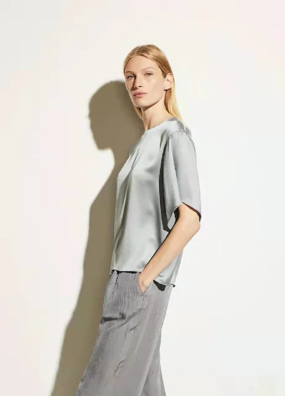 Nonothing | Luxurious pure silk crew neck short sleeves blouse in grey