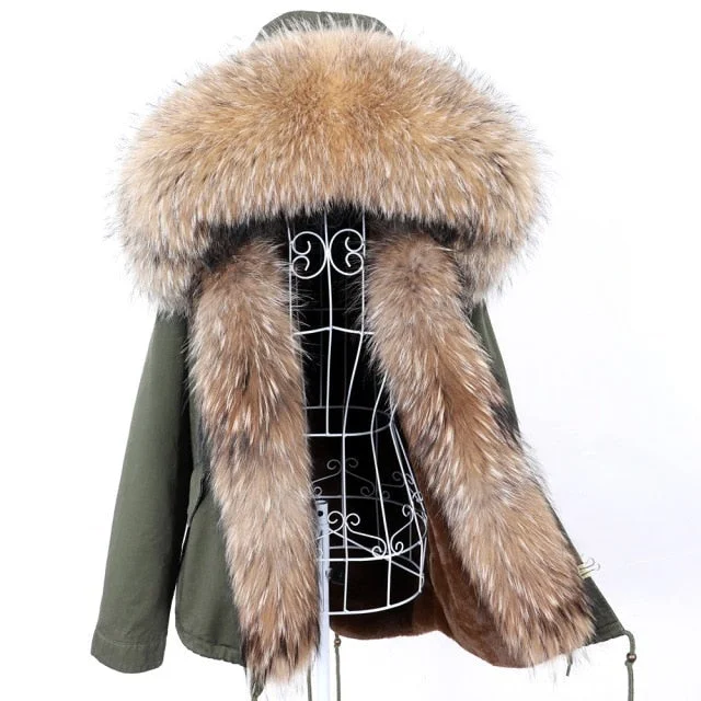 Office Lady Full-Sleeved Natural Raccoon Fur Collared Thick Winter Jacket