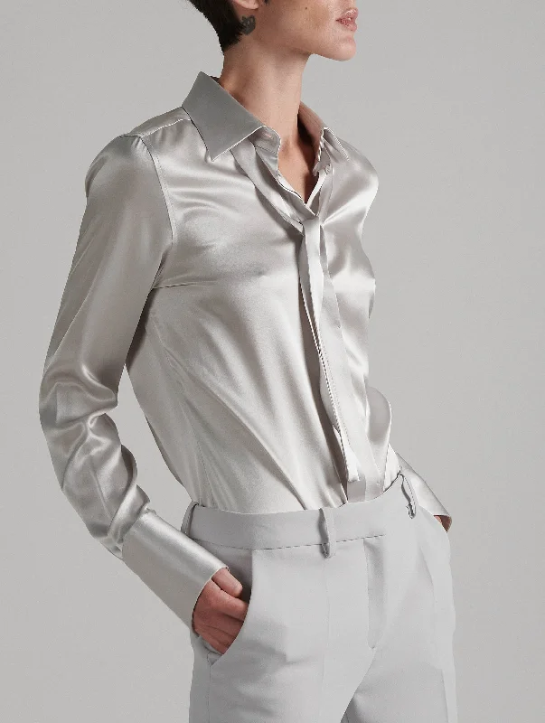 Pearl grey silk satin pussybow shirt