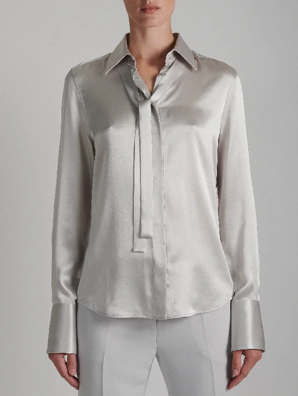 Pearl grey silk satin pussybow shirt