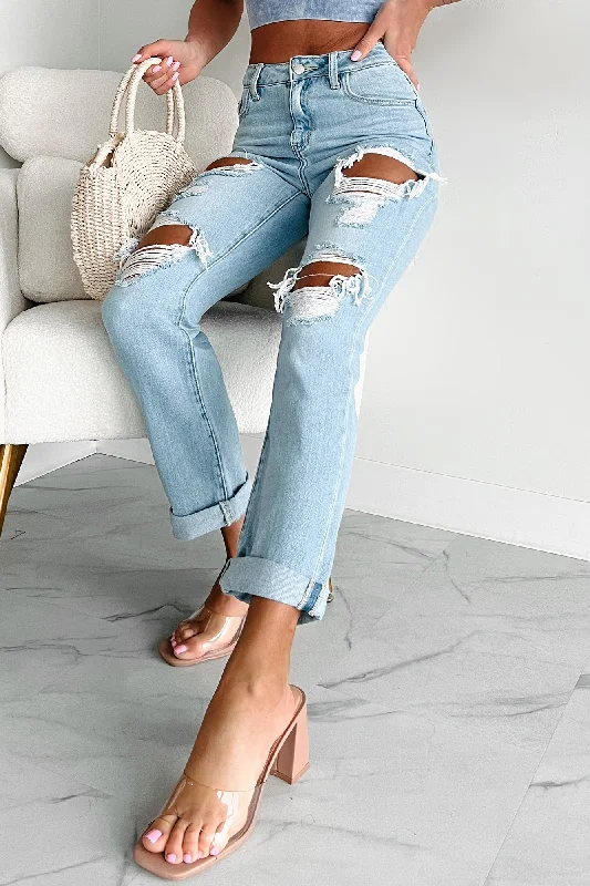 Sabrina High Rise Distressed Boyfriend Jeans (Light Wash)