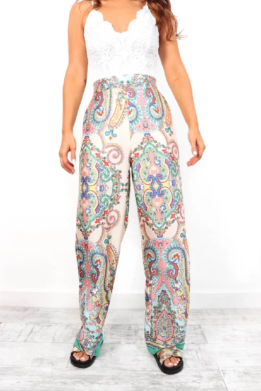 Satin The Moment - Cream Multi Paisley Satin Trousers