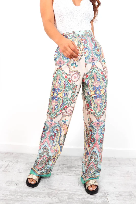 Satin The Moment - Cream Multi Paisley Satin Trousers