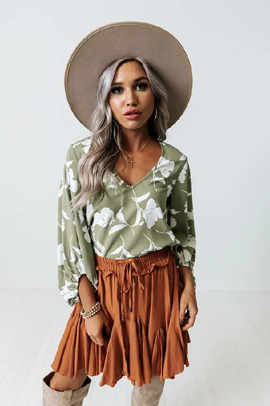 V-neck Elegant Light Sage Floral Blouse