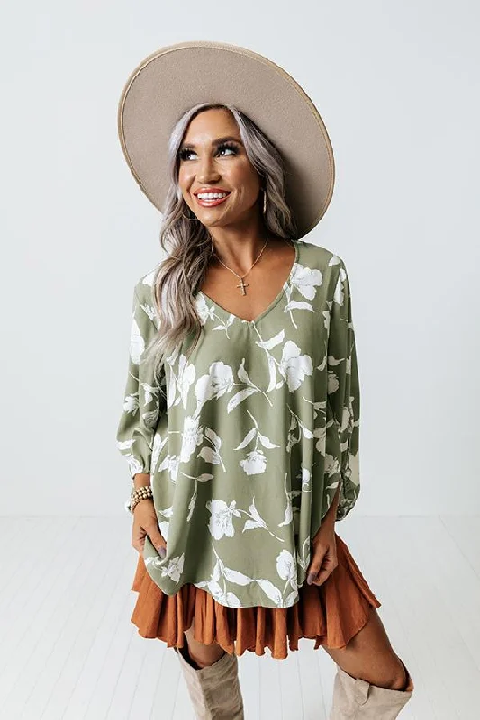 V-neck Elegant Light Sage Floral Blouse