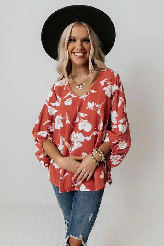 Fashion Floral Shift Top Red Casual Blouse