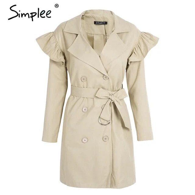 Simplee Ruffle trench coat women outerwear & coats Autumn sash pocket streetwear trench 2017 Casual pink outwear female coat