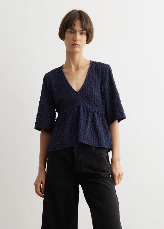 Stretch Seersucker V-Neck Peplum Blouse