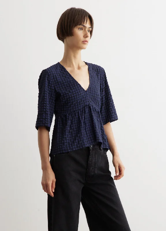 Stretch Seersucker V-Neck Peplum Blouse