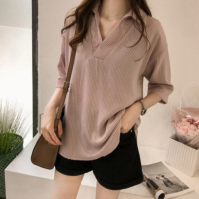 Striped 3/4 Sleeve Loose Shirts Women Casual V-neck Turn-down Collar Wild Pullover Blouses Female Fashion Breathable Shirts New