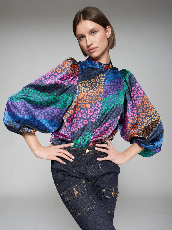 Vilagallo Rainbow Animal Print Balloon Sleeve Blouse