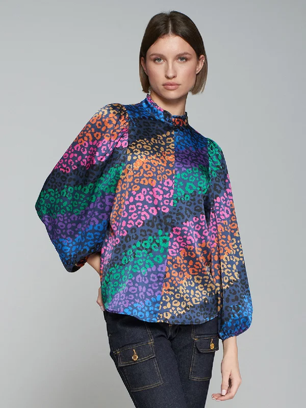 Vilagallo Rainbow Animal Print Balloon Sleeve Blouse