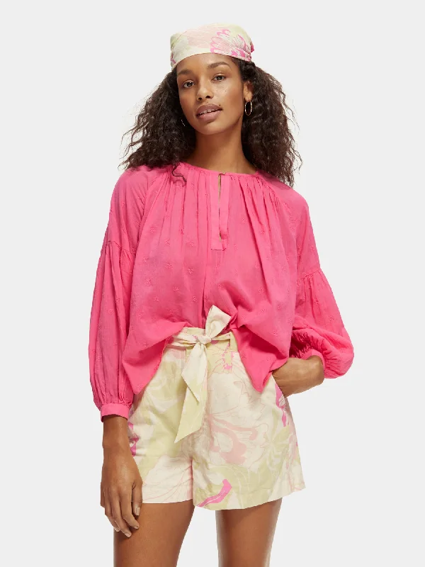 Voluminous popover top with allover embroidery