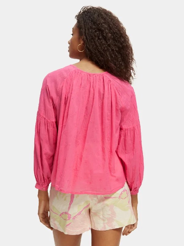 Voluminous popover top with allover embroidery