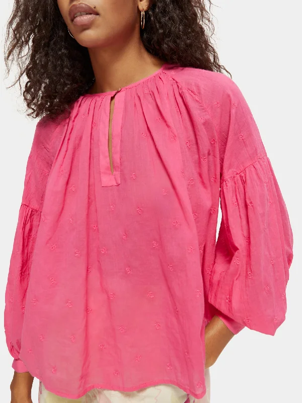 Voluminous popover top with allover embroidery