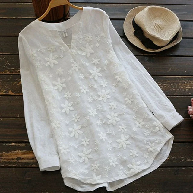 Women V-Neck Organza Long Shirts Oversized Tops Floral Embroidered Shirt Blouse White Lace Sweet Long Sleeve Blouse Shirt Femme