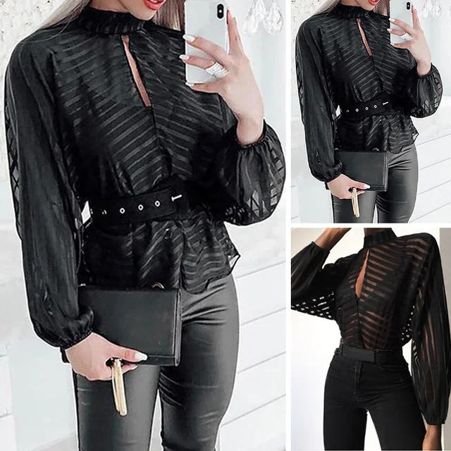 Women's Black Blouse Sexy Club Streetwear See Through Perspective Hollow Out Striped V-neck Long Sleeve Shirt Tops