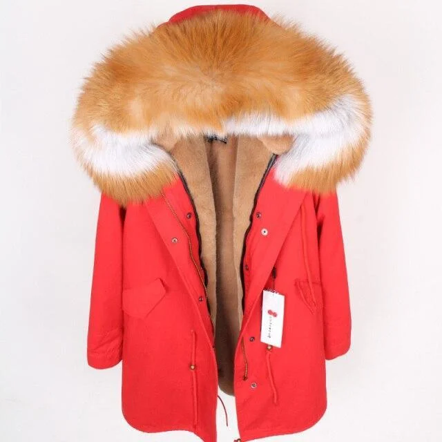 Women's Fox Fur Leather Large Hooded Long Detachable Lining Coats & Jackets