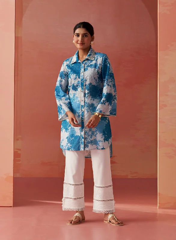 Zareena Blue Printed Schiffli Cotton Shirt