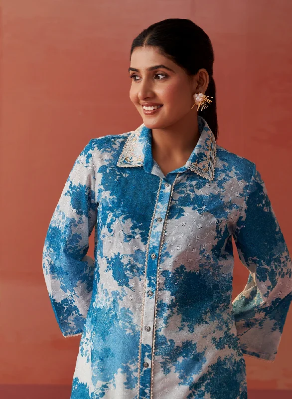 Zareena Blue Printed Schiffli Cotton Shirt