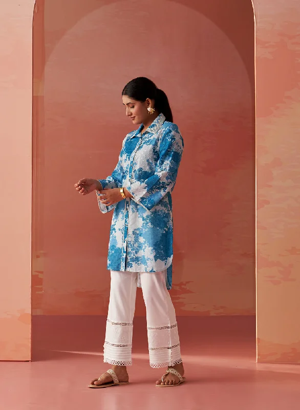 Zareena Blue Printed Schiffli Cotton Shirt