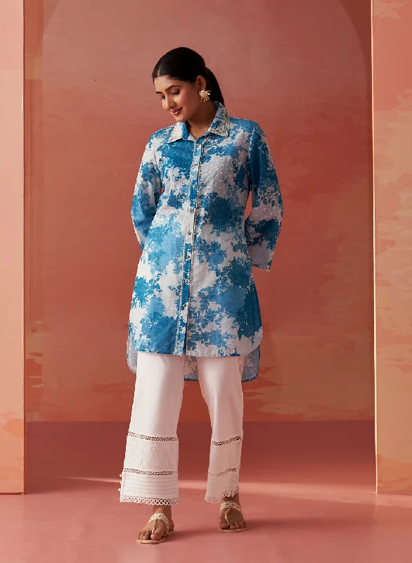 Zareena Blue Printed Schiffli Cotton Shirt