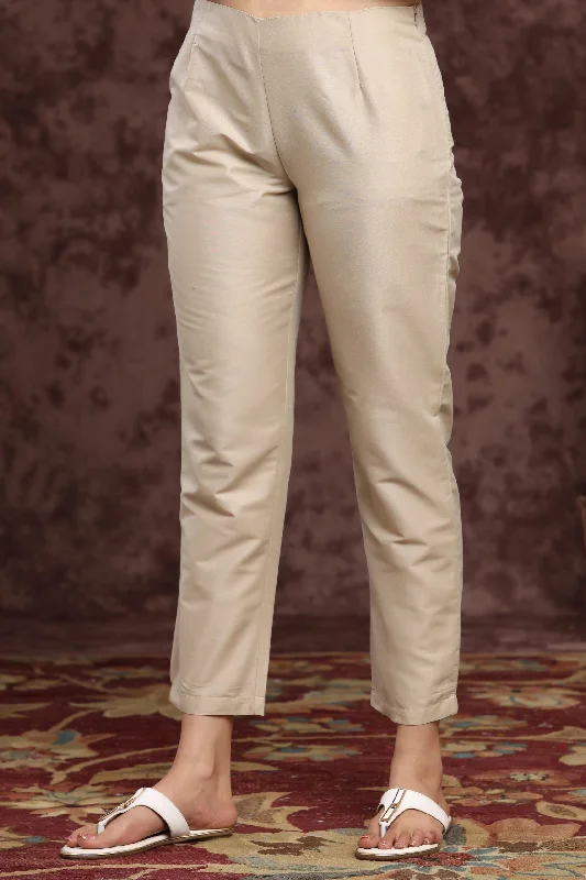 Sand Grey Poly Silk Solid Slim Fit Pants