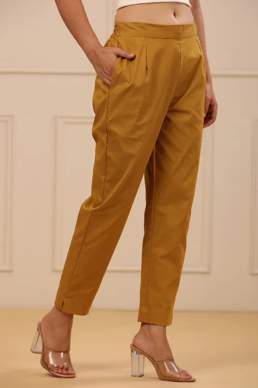 Mustard Cotton Spendex Solid Slim Fit Pants