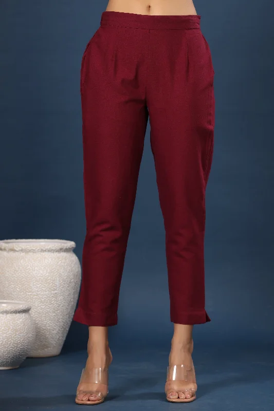 Burgundy Cotton Flex Solid Slim Fit Pants