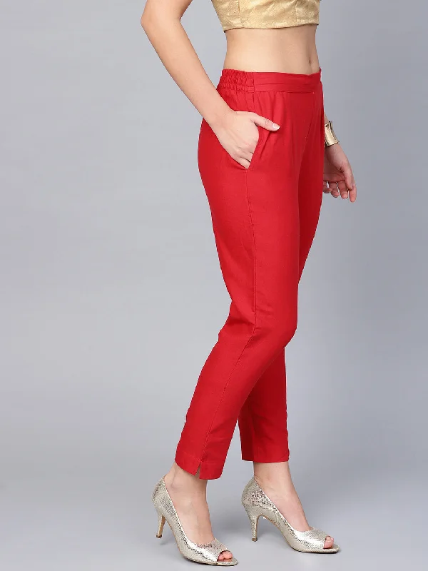 Red Cotton Flex Solid Slim Fit Pants