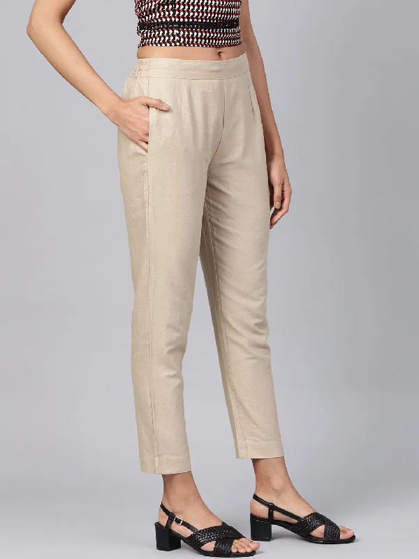 Sand Grey Cotton Flex Solid Slim Fit Pants