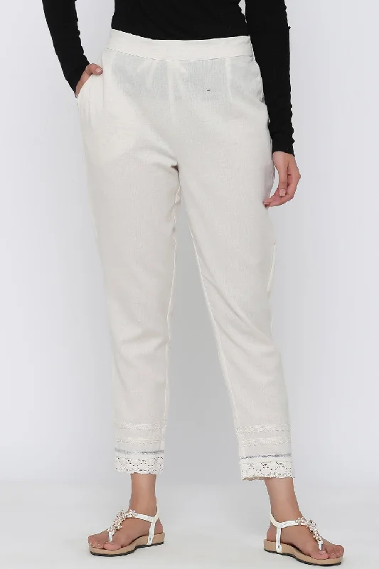 Off-White Cotton Flex Solid Slim Fit Pants