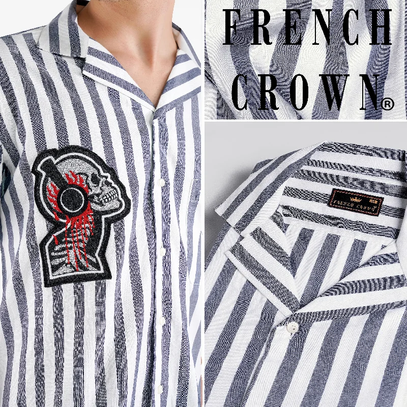 Bright White and Waterloo Gray Striped with Embroidered Patchwork Premium Cotton Designer Shirt