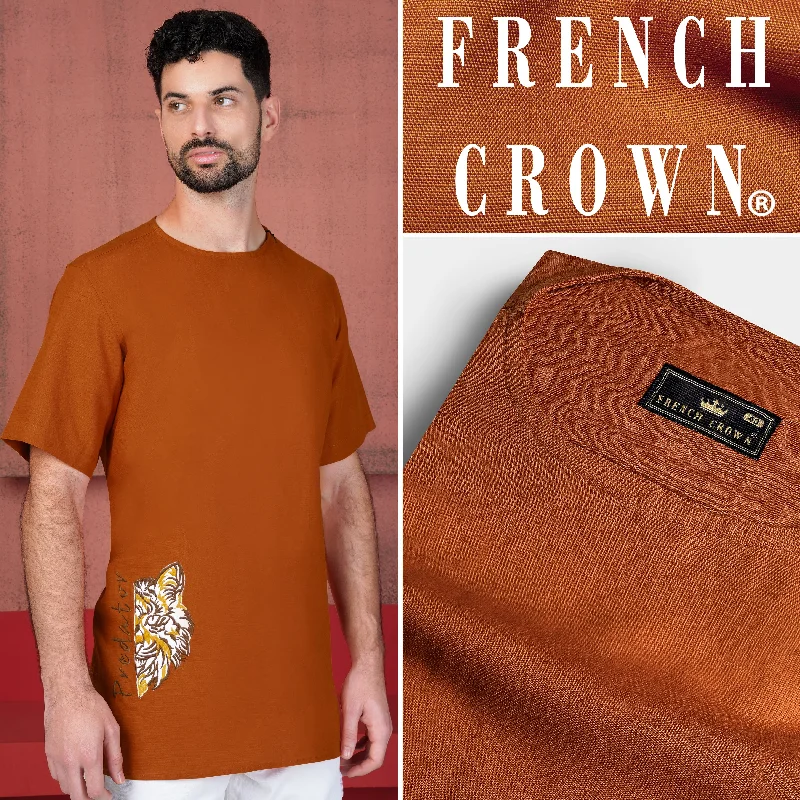 Cognac Orange Tiger Embroidered Luxurious Linen Round Neck Designer Shirt with Functional Zipper