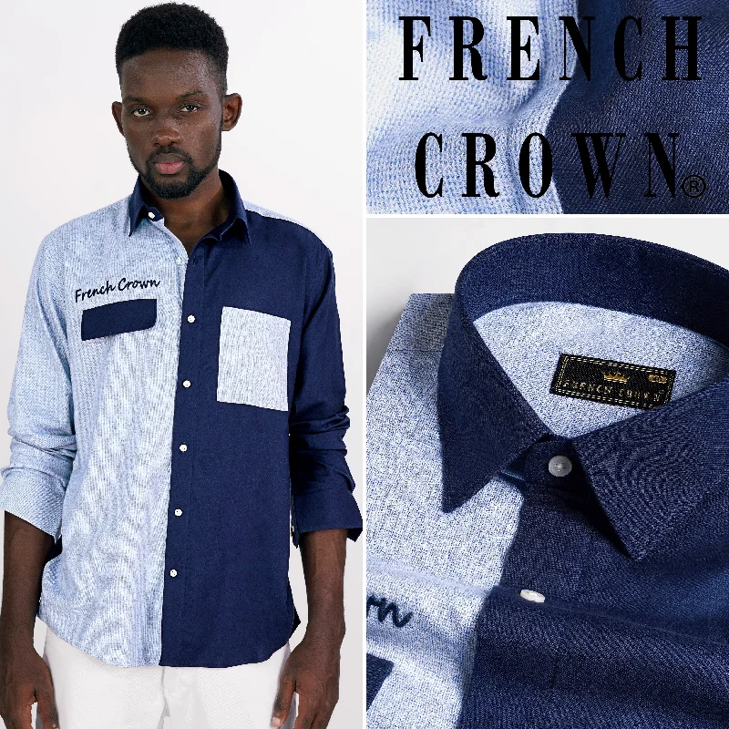 Half Platinum Blue and Half Firefly Blue Twill Premium Cotton Designer Signature Shirt