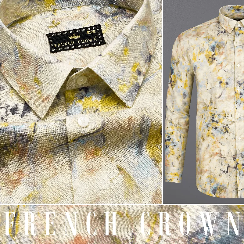 Pearl Bush Cream with Mustard Yellow Multicolour Marble Textured Luxurious Linen Shirt