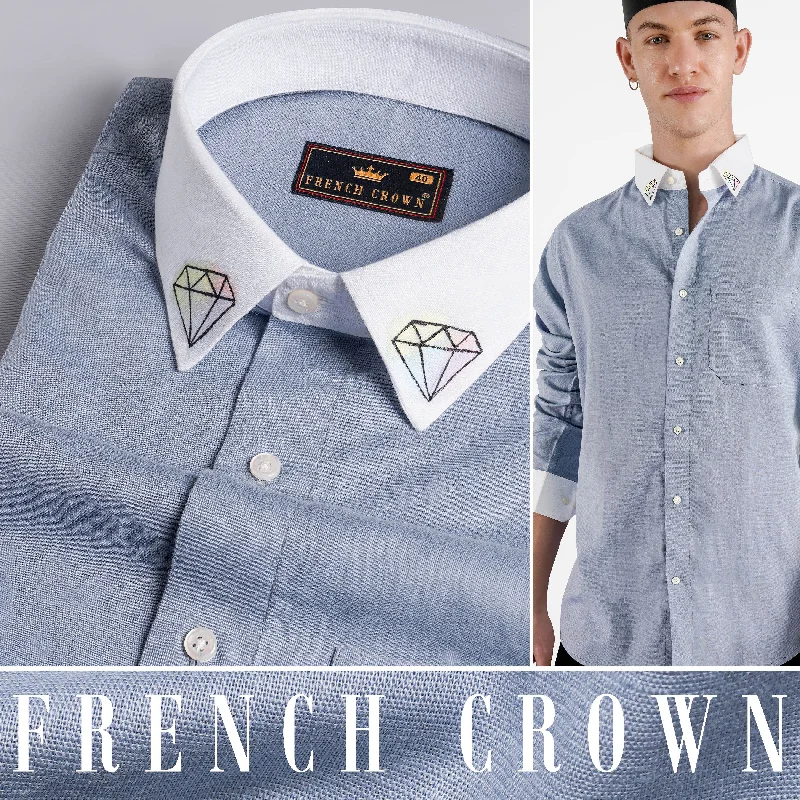 Yonder Blue with White Collar and Cuffs Hand Painted Luxurious Linen Designer Shirt